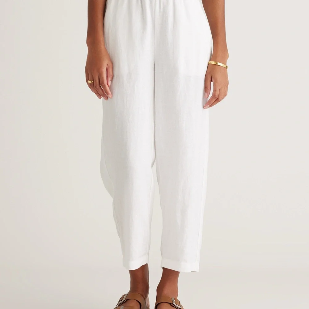 Quince White Cropped Linen-Blend Relaxed Pants